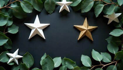Green leaves border with white and gold stars on dark surface. Minimalist holiday, festive, or nature decor composition. Elegant arrangement for invitations, cards, banners.
