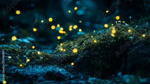 Glowing fireflies illuminate mossy terrain at night ethereal magical scene