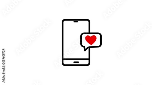 Smartphone with heart message icon animated using trim path with alpha channel. Great for digital love and texting themes.