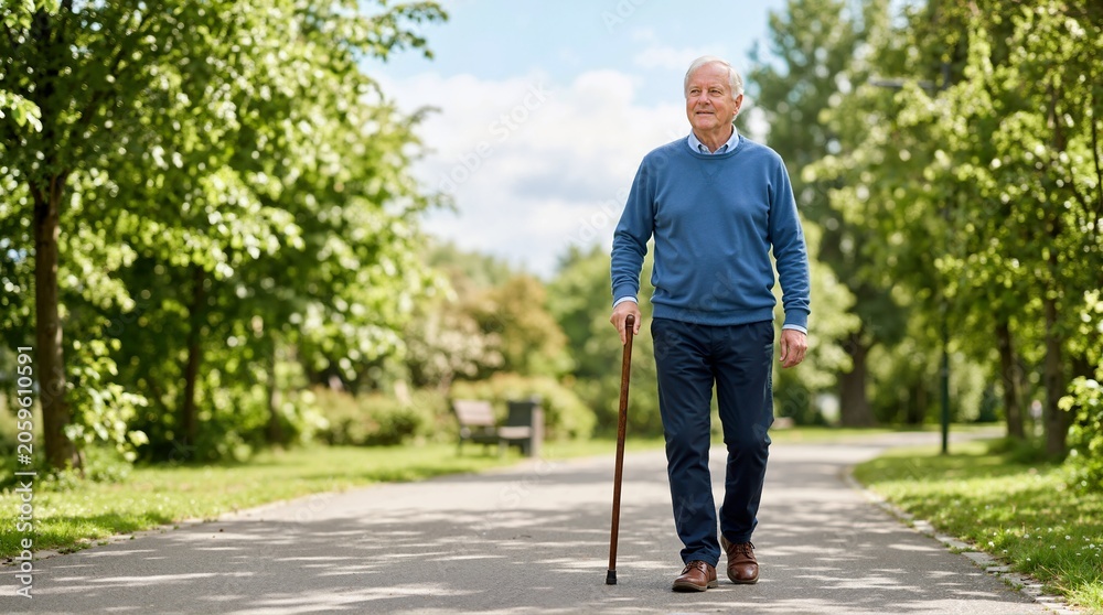 Fototapeta premium Senior man walking with a wooden cane in a sunny park. Active elderly male enjoying outdoor leisure and mobility