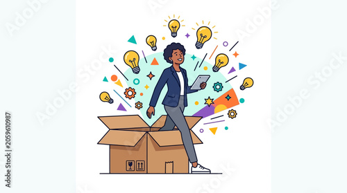 Businessman stepping out of a cardboard box surrounded by creative ideas and colorful shapes in an office environment.