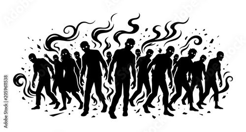 Canvastavla Silhouette Zombie Horde, Dark Smoke Swirls, Spooky Halloween Vector Art, Horror