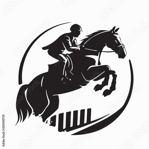 Fotografie Powerful Horse Racing Jumping Jockey Logo Illustration On White Background