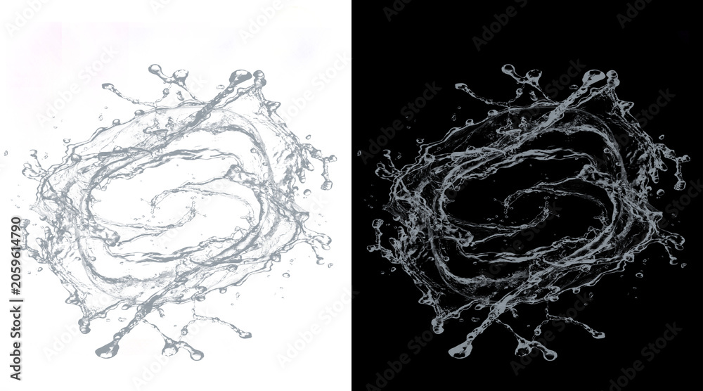 Obraz premium Dynamic water splash crown on white and black background, liquid swirl ripple effect, refreshing clear water burst for beverage advertising