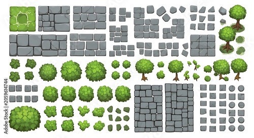 Top down game map elements with trees and stone floor tiles