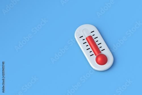 Outdoor thermometer with red scale on blue background. Copy space. 3d render