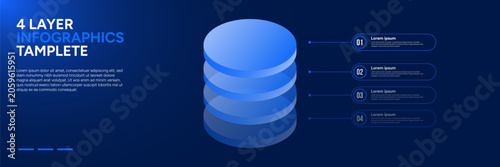 Modern 4 Layer Isometric Cylinder Business Infographic Template with Stacked 3D Discs on Dark Blue Background