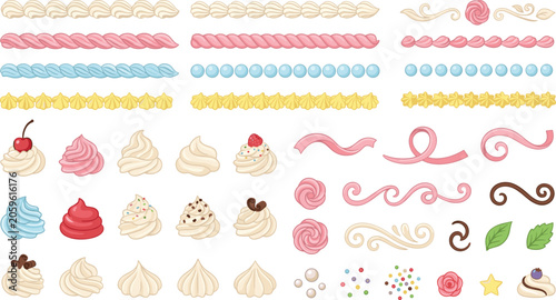 Whipped Cream Cupcake Topping and Pastel Icing Border Vector Set Featuring Cake Frosting Piping Swirls, Cherries, Sprinkles, and Sweet Pastry Decorative Ribbons