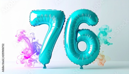 Teal balloons in colorful smoke.
