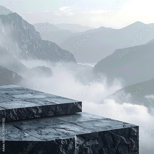 Misty mountain landscape with stone platform.