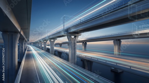 Futuristic elevated highway system with light trails at twilight
