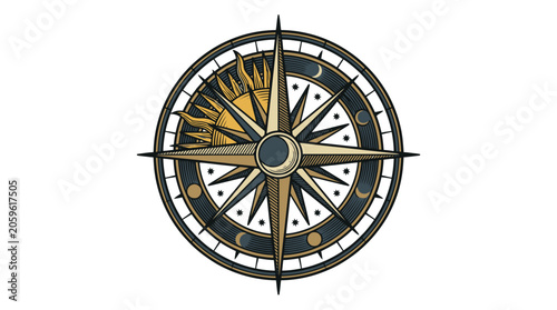 Vintage Compass Rose Vector Navigation Icon.
