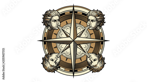 Vintage compass navigation vector illustration with classical figures and compass rose.