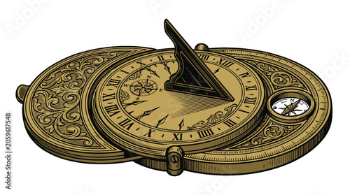 Vintage compass vector illustration ornate brass dial nautical navigation.
