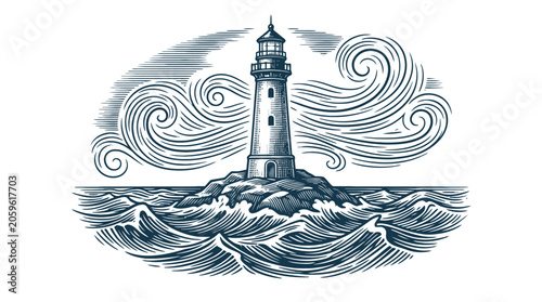Vintage lighthouse beacon over stormy waves vector illustration.