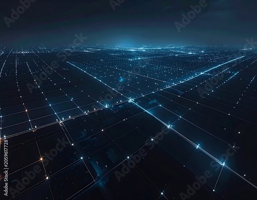 Network connections and city lights at night.