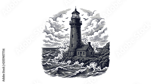 Vintage Lighthouse Beacon Vector Illustration Seascape with Clouds and Waves.