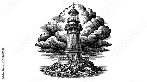 Vintage Lighthouse Beacon Vector Illustration With Clouds And Ocean Waves.