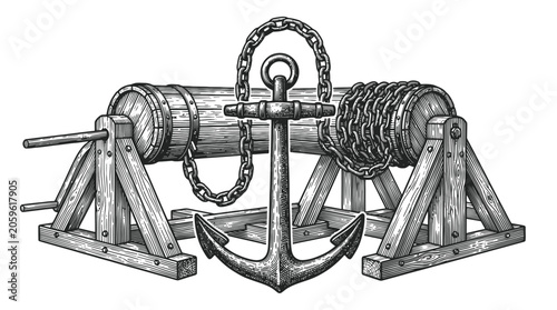 Vintage nautical anchor with rope and winch vector illustration.