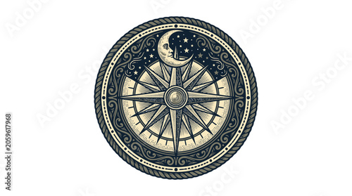 Vintage nautical compass vector with moon emblem.