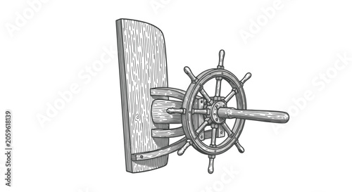 Vintage Nautical Ship Helm and Compass Line Vector Illustration.