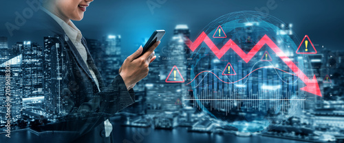 Bild auf Leinwand Economic caution visualized with fluctuating market graph, alert symbols, and negative data trends