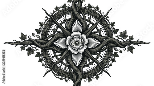 Vintage Rose Mandala Emblem Vector Tattoo Illustration.