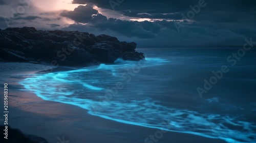 Glowing ocean waves illuminate coastline under dramatic cloudy sky