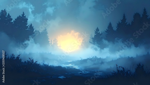 Mysterious moonlit forest landscape with fog.