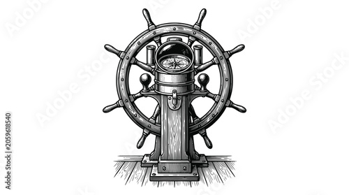 Vintage Underwater Explorer Robot With Ship Helm Vector Illustration.