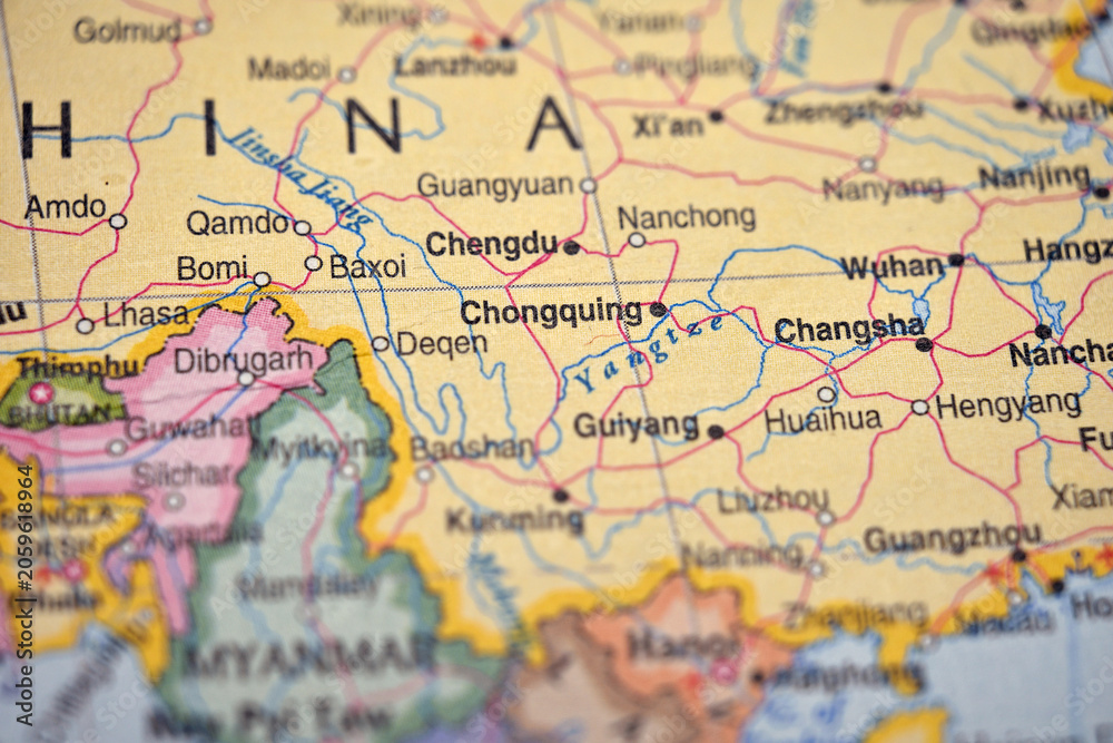 Obraz premium Chongqing China Map Location – Blurred World Atlas Background with Soft Focus Mountain Megacity Region View