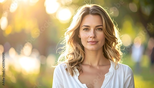 Smiling Young Woman in White Outdoors.
