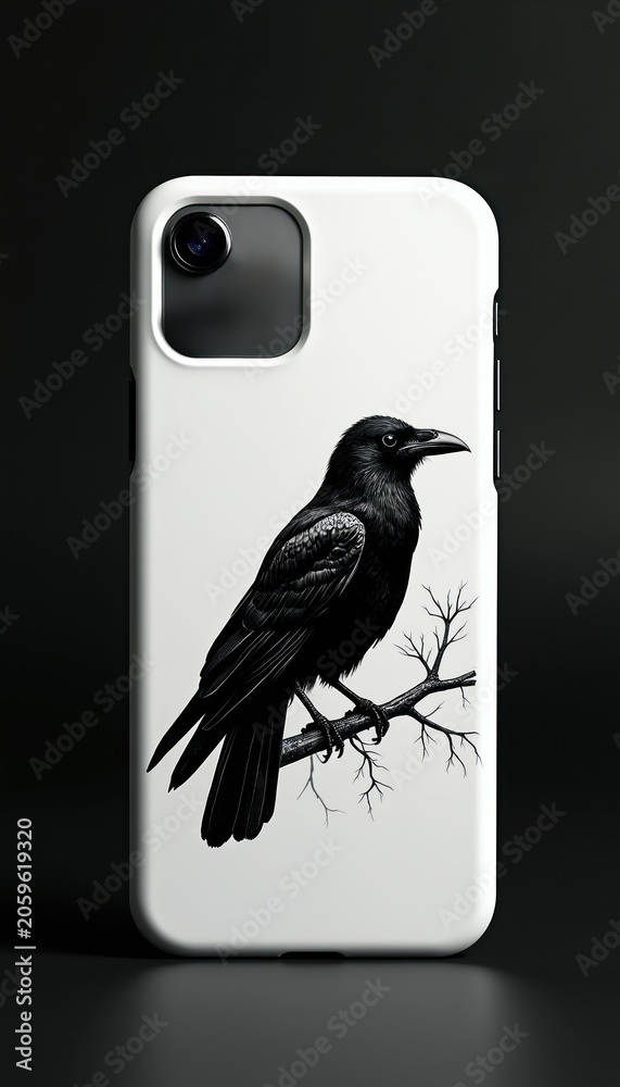 Fototapeta premium Black raven sits on barren tree branch against white background. The bird has sleek feathers and sharp beak, conveying dark aesthetic. Its gaze is intense, foreboding. Minimalist design.