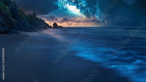 Glowing ocean waves under dramatic night sky coastal scenery