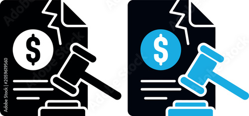 Foto Broken and repaired document with dollar sign and gavel icons