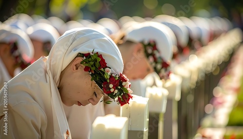 Woman in white headscarf praying with candles.