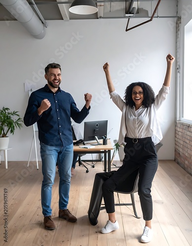Two colleagues celebrating success in office.
