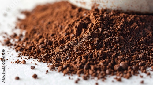 Fine dark brown coffee powder texture close up