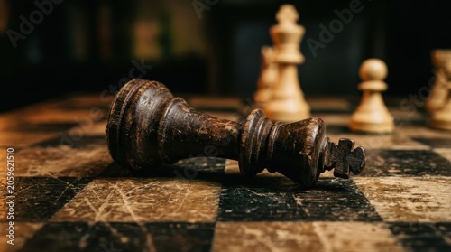 Fallen black chess king on a weathered vintage chessboard