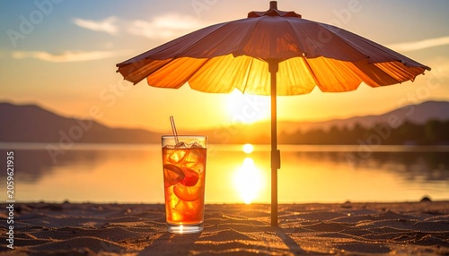 Cocktails on the beach under the setting sun.
