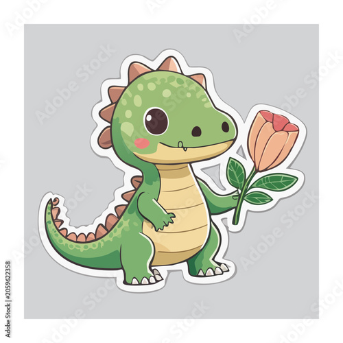 Cute cartoon dinosaur holding a tulip flower
