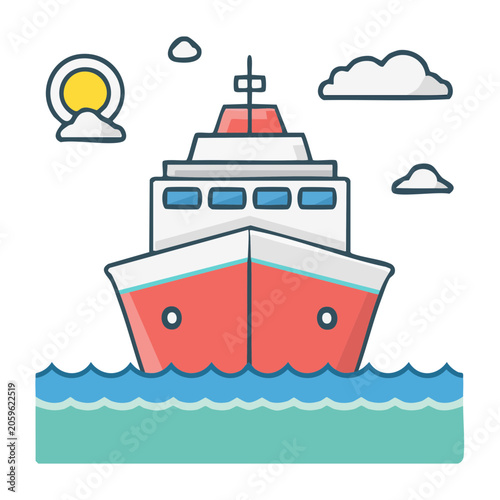 Flat design illustration of a red and white ship on the ocean
