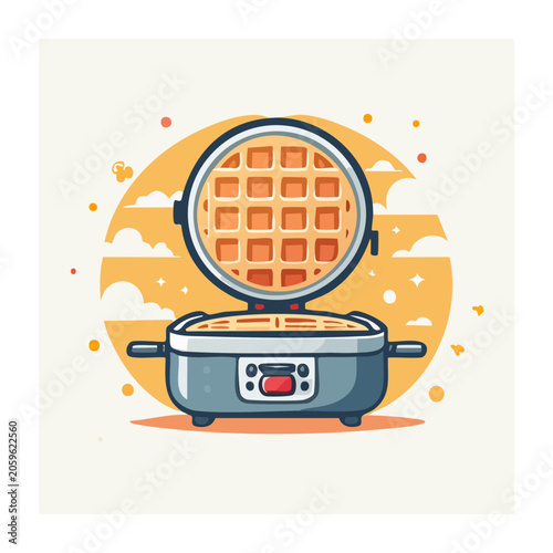 Flat design illustration of a waffle maker with waffle