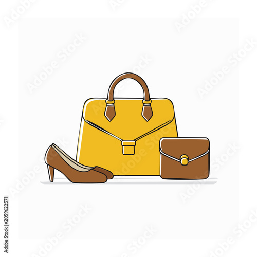 Flat design illustration of handbag, clutch, and high heel shoe