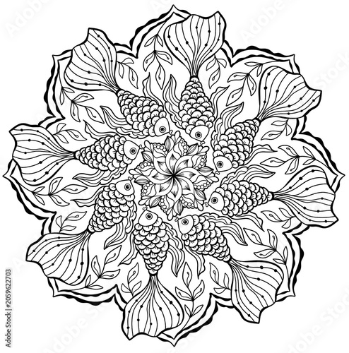 Koi Fish Mandala Coloring Page with Floral Line Art Black and White Outline