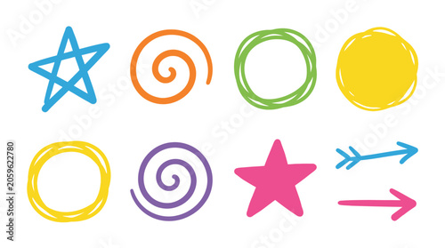 Set of colorful hand drawn doodle shapes including stars circles spirals and arrows.