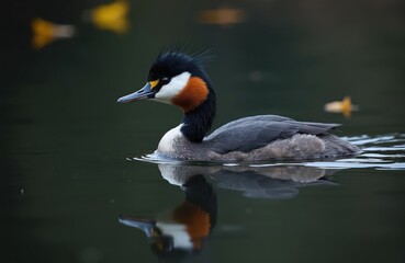 Great crested grebe swims on dark water surface. Bird shows distinctive orange neck, black crest. Its reflection is visible on calm lake. Wild nature.