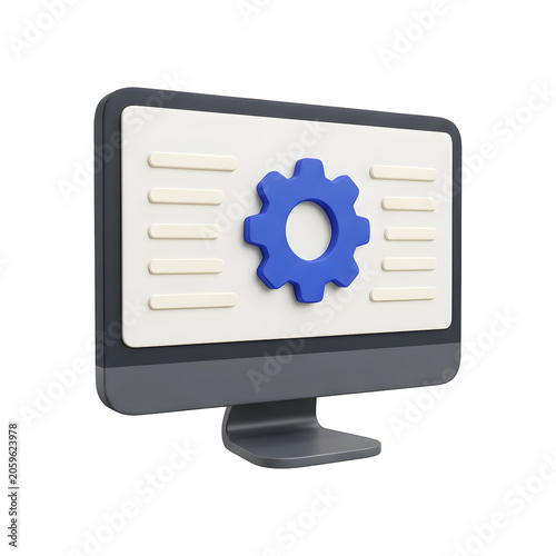 3D icon of computer screen with blue gear and settings