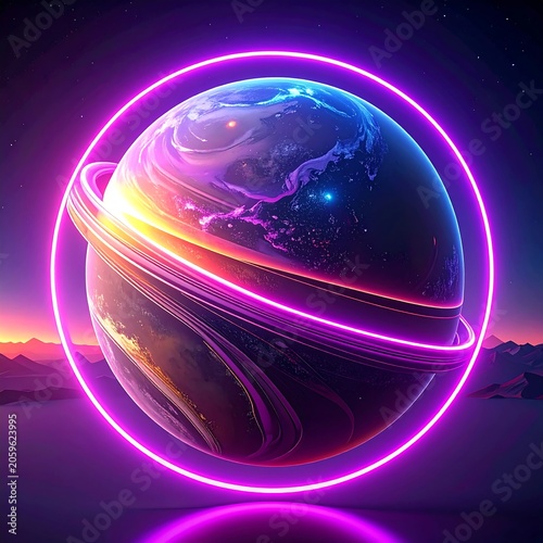 Glowing planet encircled by neon ring, set against a sunset landscape