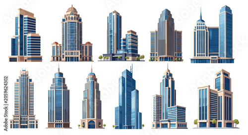 Collection of various modern architectural designs for high-rise city skyscrapers and office buildings are shown on white.